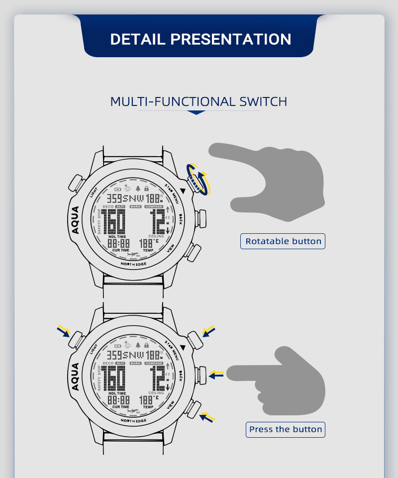 NORTH EDGE Men's Professional Diving Computer Watch Scuba Diving NDL (No Deco Time) 50M Dive Watches Altimeter Barometer Compass