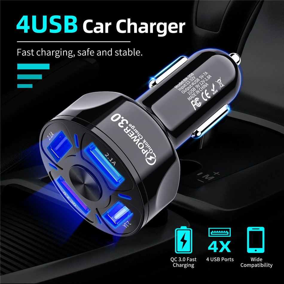 USLION 4Port USB Phone Car Charger Adapter LED Display Fast Charge-Free Shipping