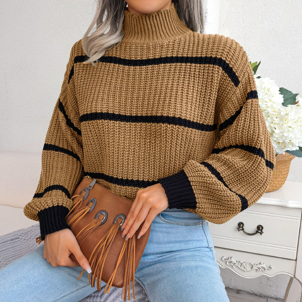 Ladies Striped Turtleneck Knit Sweater / FREE Shipping - tracking available