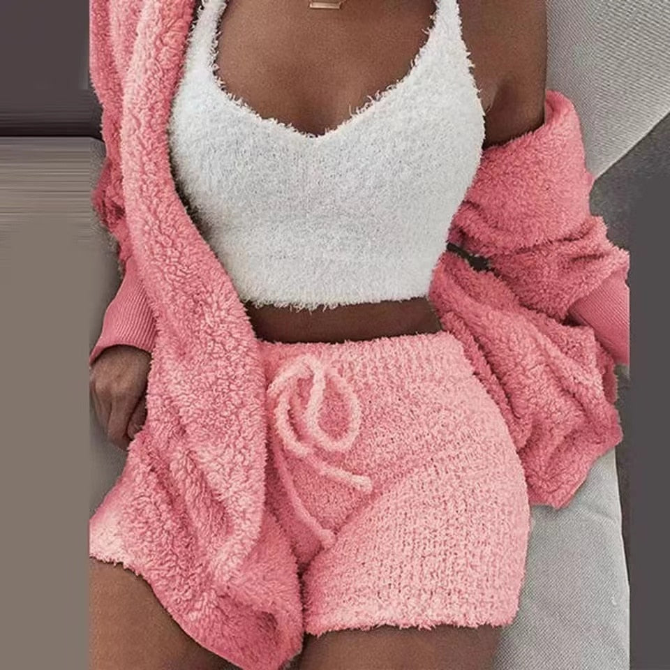 Ladies 3 Piece Fluffy Fleece Outfit Jacket / Top / Shorts Sexy Backless Top / FREE Shipping