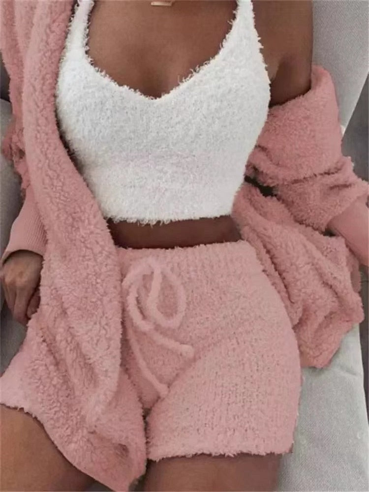 Ladies 3 Piece Fluffy Fleece Outfit Jacket / Top / Shorts Sexy Backless Top / FREE Shipping