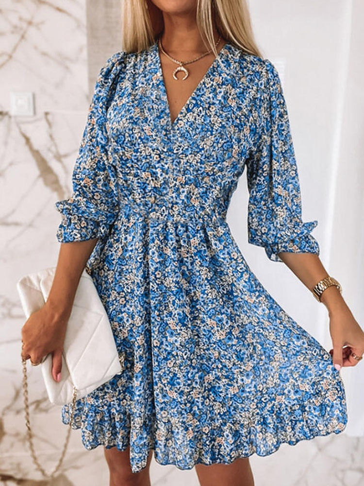 Ladies Sexy V Neck Beach Dress Elegant Floral designs Half Sleeve / FREE Shipping