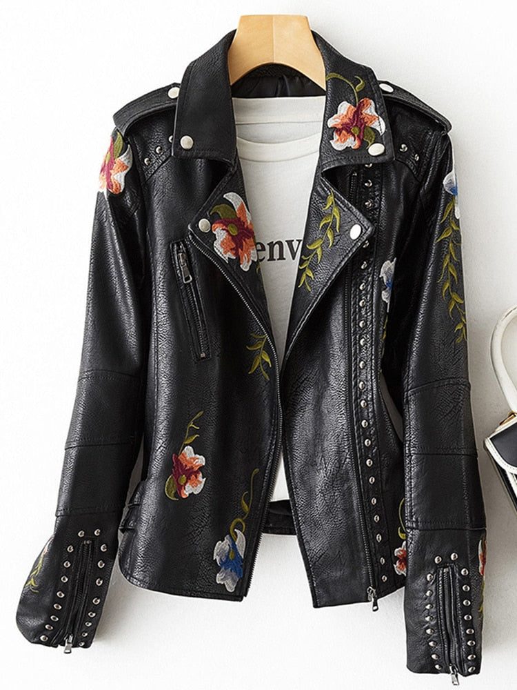 Ladies FTLZZ Retro Floral Print Embroidery Soft Leather Jacket / FREE Shipping - tracking available