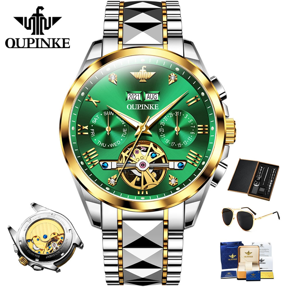 Swiss OUPINKE Top Brand Luxury business Men's Wrist Watch Stainless Steel Waterproof
