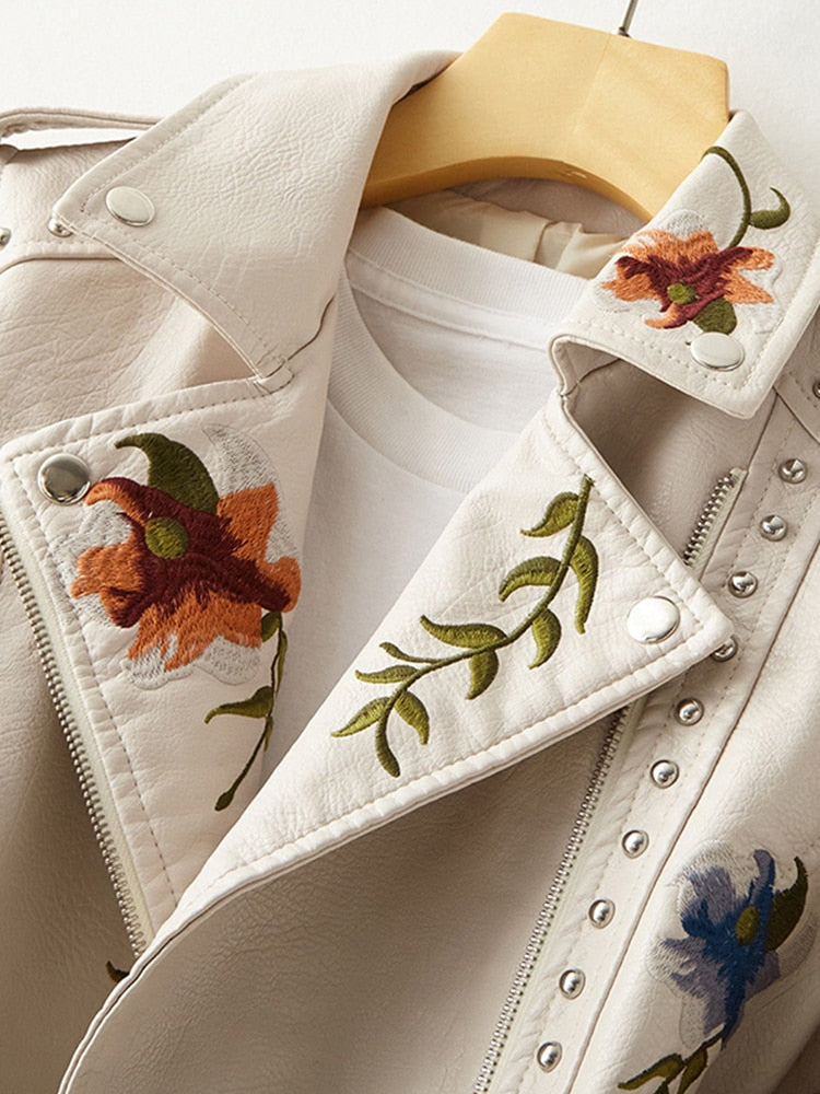 Ladies FTLZZ Retro Floral Print Embroidery Soft Leather Jacket / FREE Shipping - tracking available