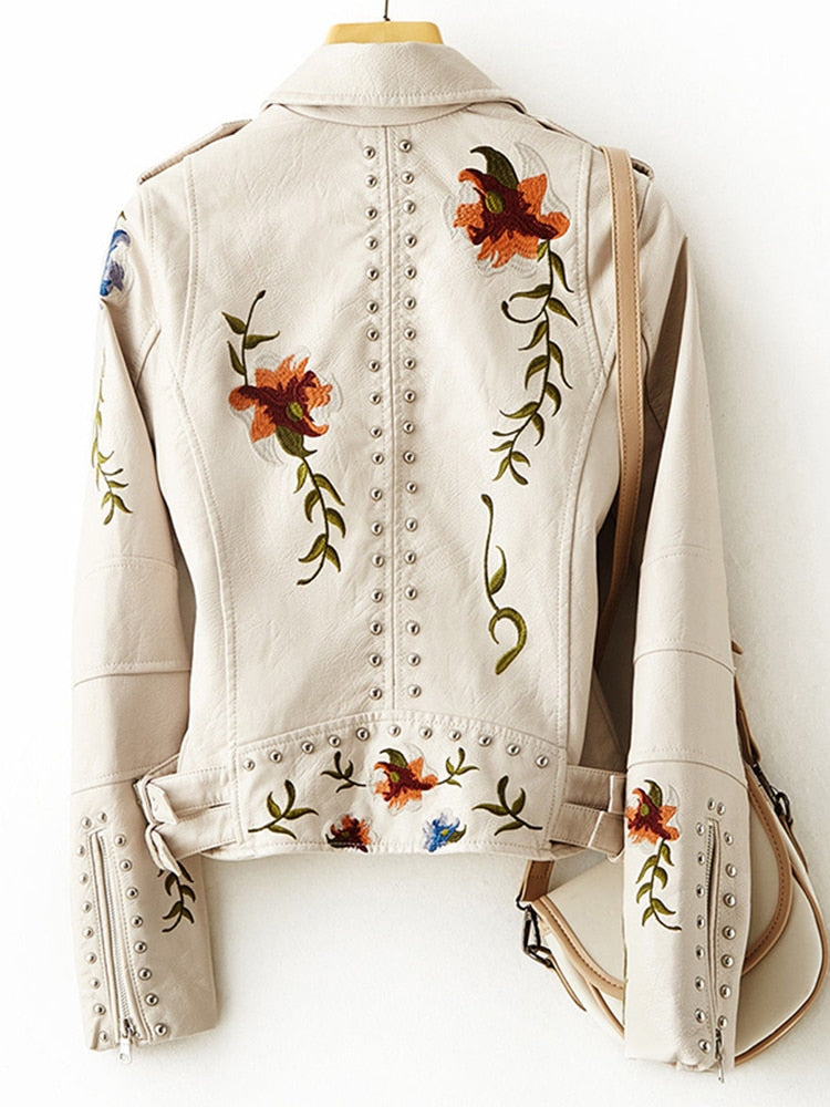 Ladies FTLZZ Retro Floral Print Embroidery Soft Leather Jacket / FREE Shipping - tracking available
