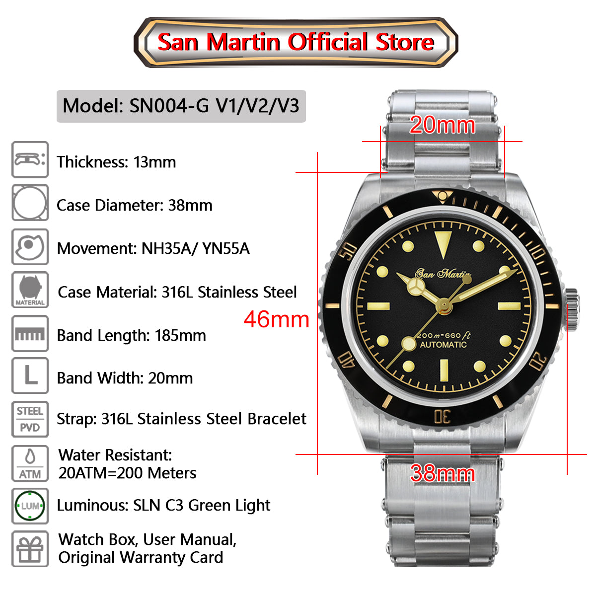 San Martin top brand Men's wrist Watch 38mm Diver 6200 Luxury Sapphire 20Bar Luminous