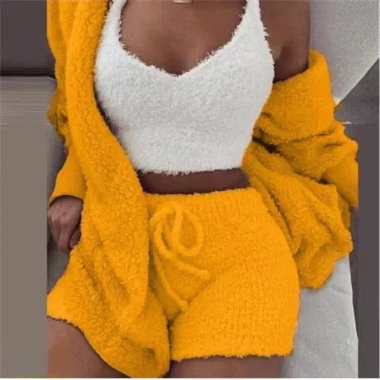 Ladies 3 Piece Fluffy Fleece Outfit Jacket / Top / Shorts Sexy Backless Top / FREE Shipping
