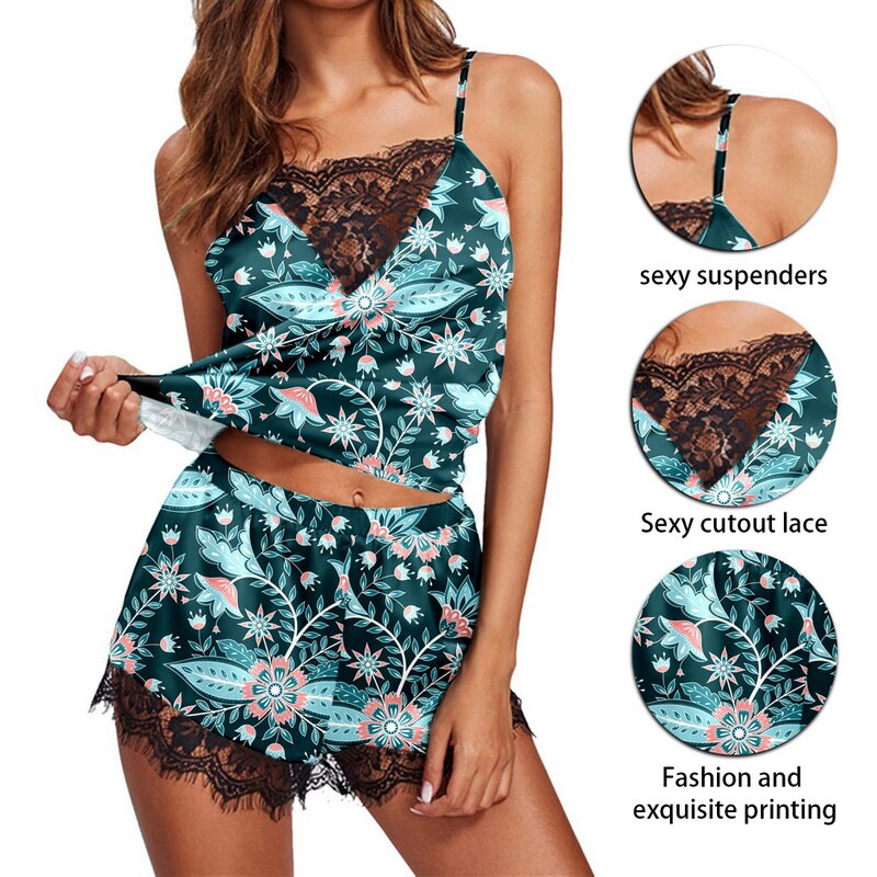 Ladies Satin Pajama Set Silky Lace Casual Two Piece Outfit / FREE Shipping