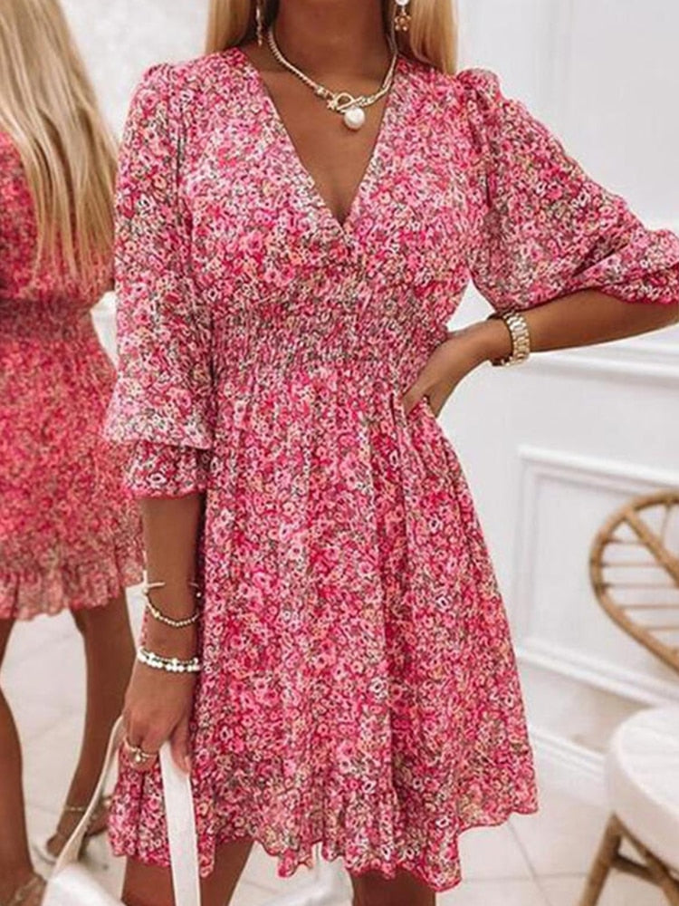 Ladies Sexy V Neck Beach Dress Elegant Floral designs Half Sleeve / FREE Shipping