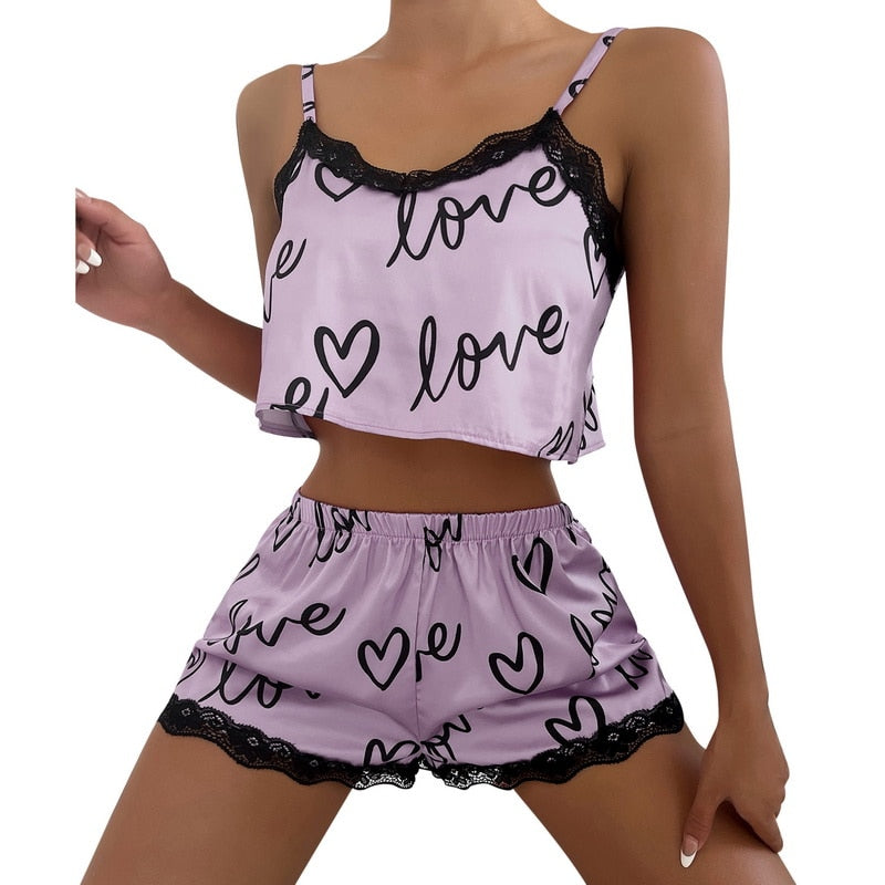 Ladies Satin Pajama Set Silky Lace Casual Two Piece Outfit / FREE Shipping