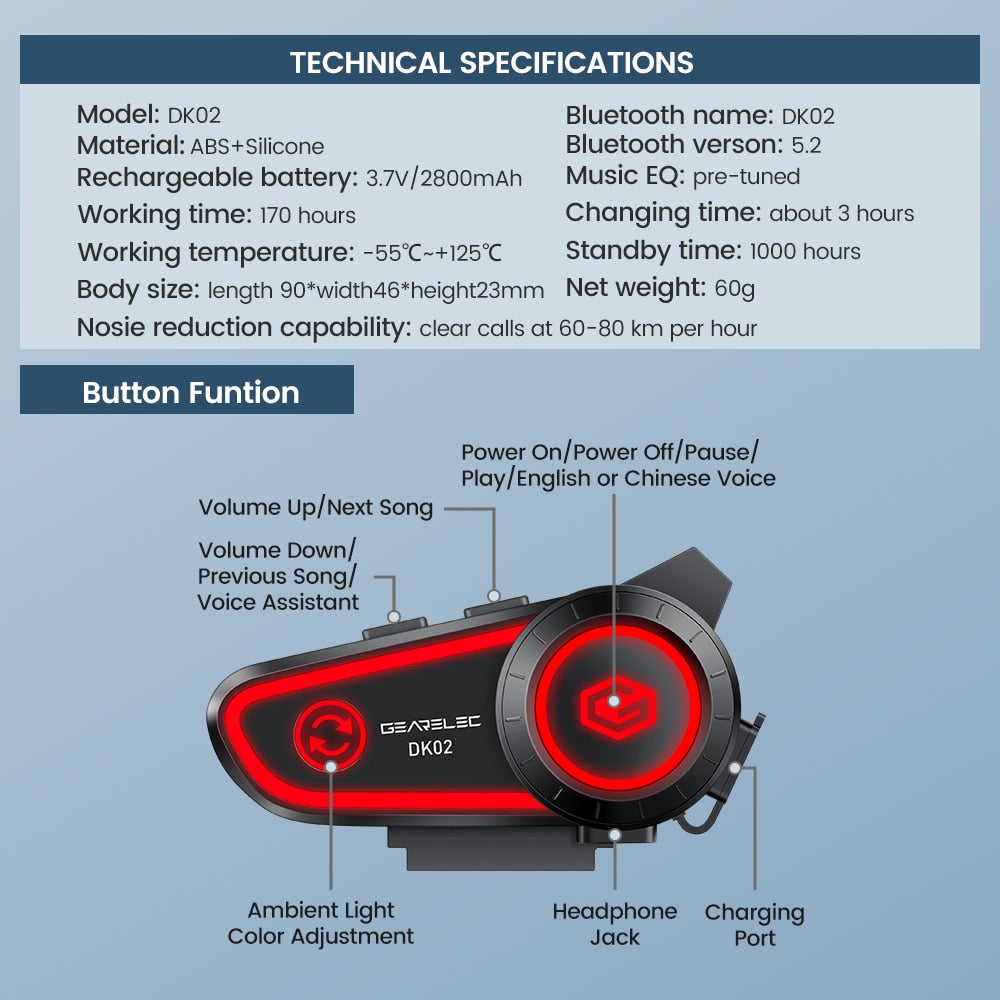 GEARELEC DK02 Motorcycle Helmet Headset Stereo Bluetooth Hands Free Call - IPX7 / Free Shipping