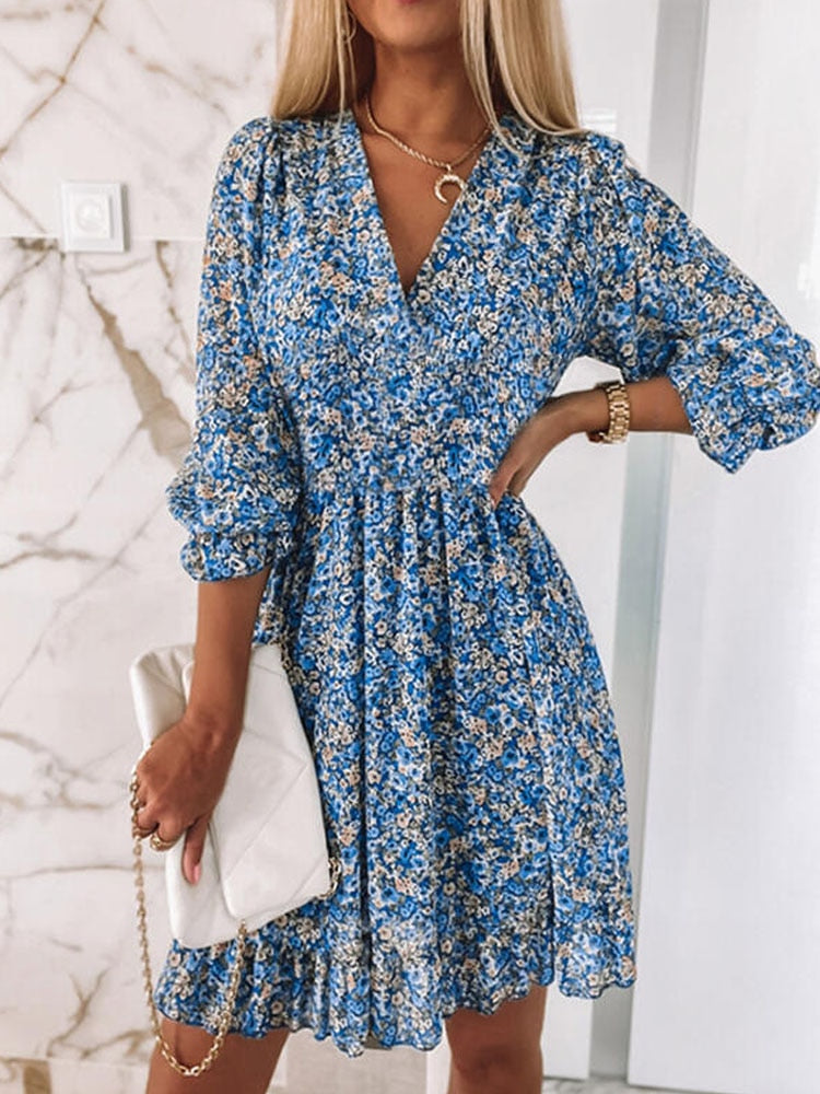 Ladies Sexy V Neck Beach Dress Elegant Floral designs Half Sleeve / FREE Shipping
