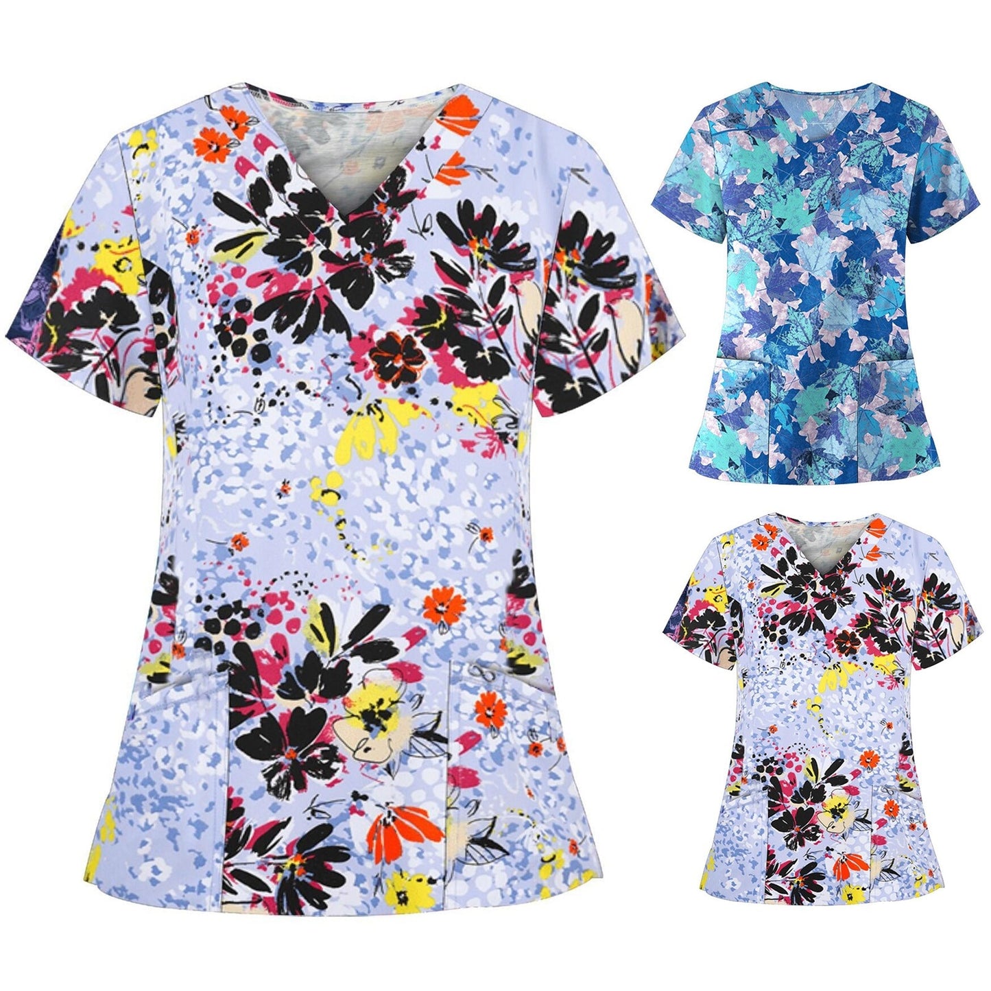 Women Short Sleeve Scrub V Neck Flower Prints Top Medical uniform / enter Discount Code FFMGF5WM6S41 BUY 4 get 1 FREE / FREE Shipping - tracking available