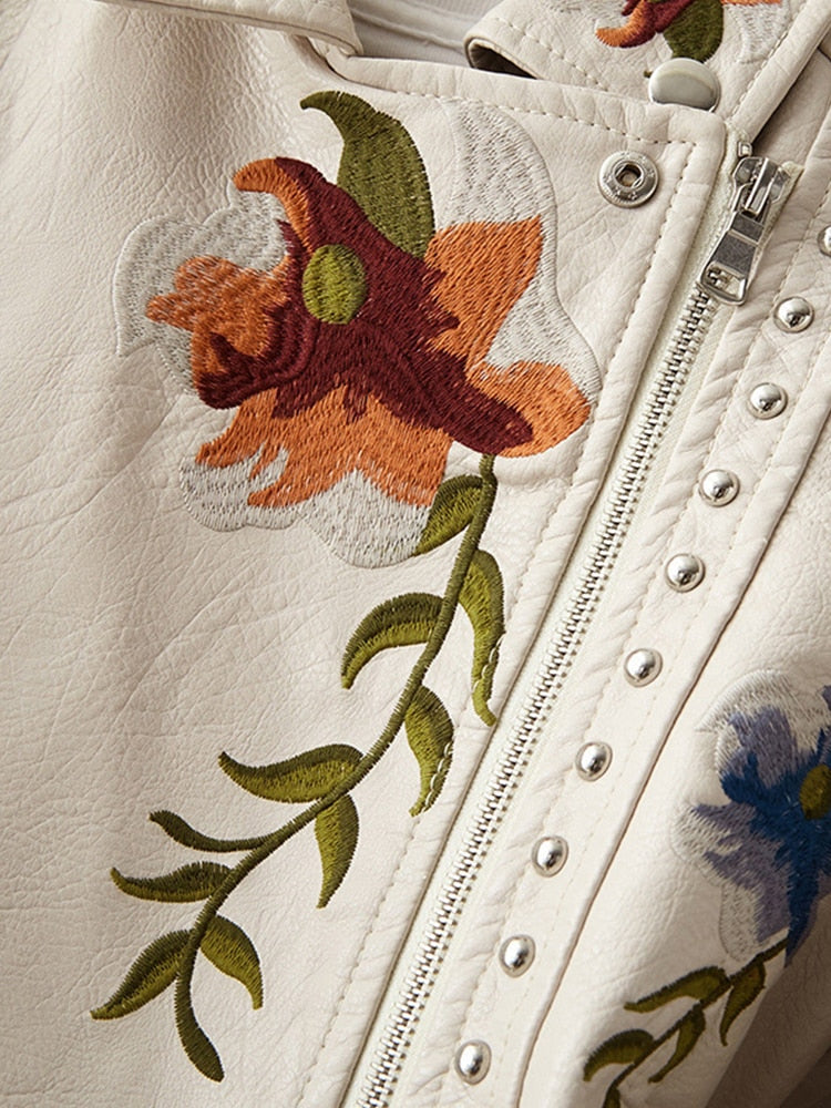 Ladies FTLZZ Retro Floral Print Embroidery Soft Leather Jacket / FREE Shipping - tracking available