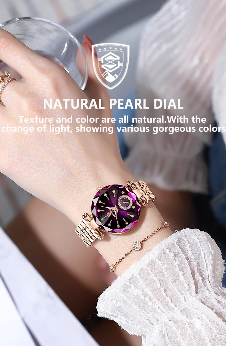 POEDAGAR Ladies Watch with 36 sparkling Diamonds / Pearl Dial / Quartz / FREE Shipping