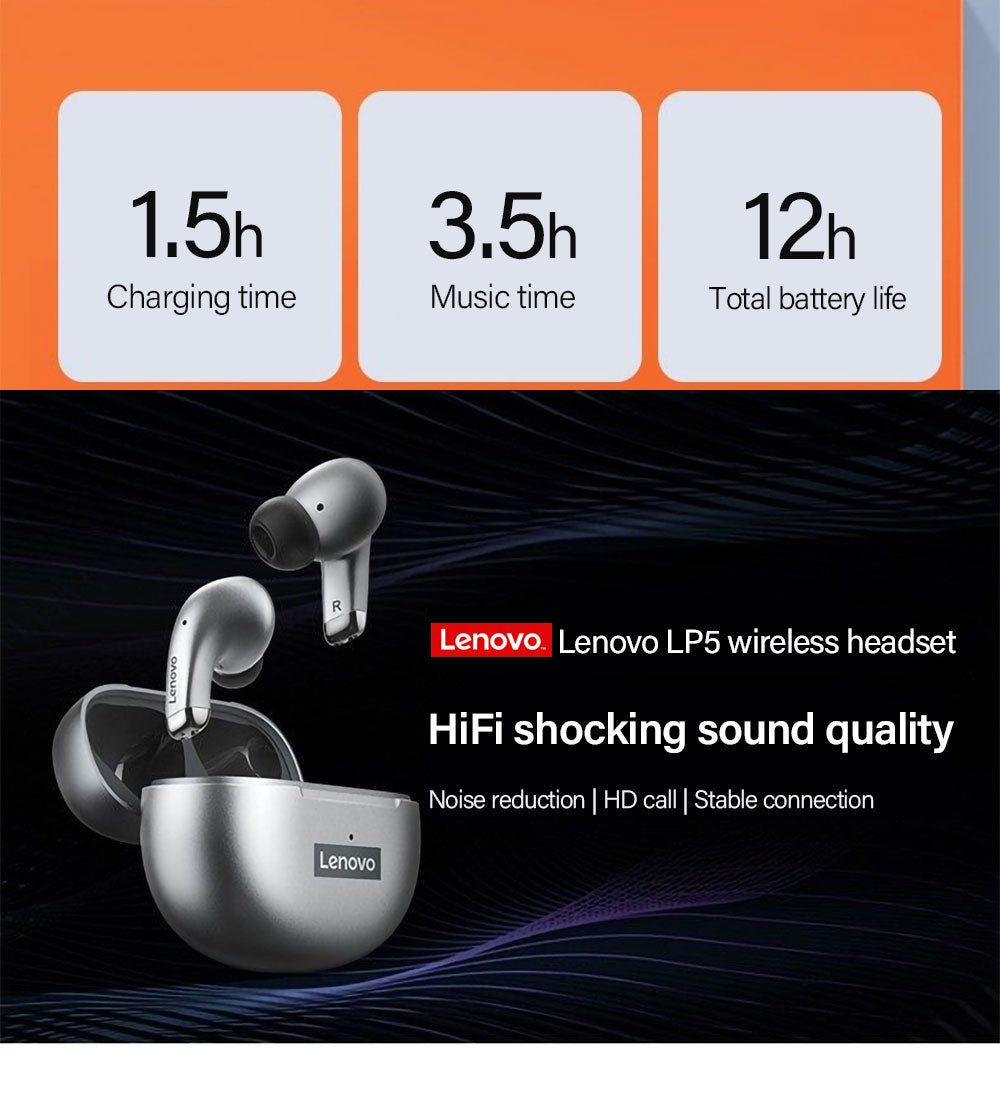 Lenovo LP5 TWS Bluetooth Earphone 9D Stereo HiFi Sports Wireless Earbuds for iPhone 13 Xiaomi / FREE Shipping