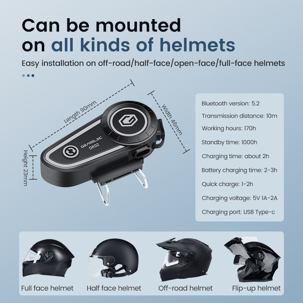 GEARELEC DK02 Motorcycle Helmet Headset Stereo Bluetooth Hands Free Call - IPX7 / Free Shipping