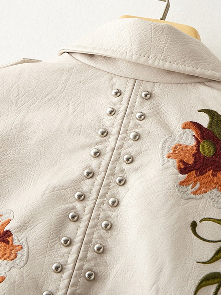 Ladies FTLZZ Retro Floral Print Embroidery Soft Leather Jacket / FREE Shipping - tracking available