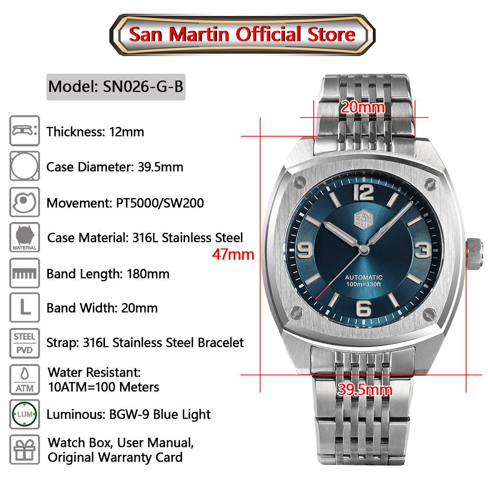 San Martin 39.5mm Original Sports Style High Quality Classic Luxury Men Mechanical Dive Watches Sapphire 10Bar BGW-9