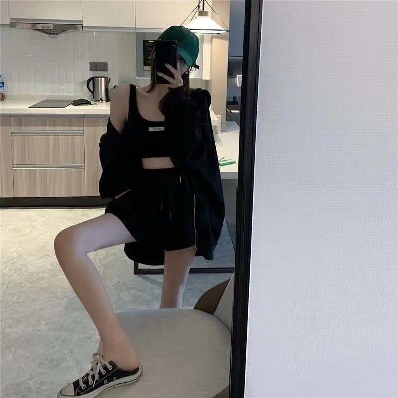 3 Piece Sets Top / Drawstring Shorts / Zipper hoodie Sportswear / FREE shipping