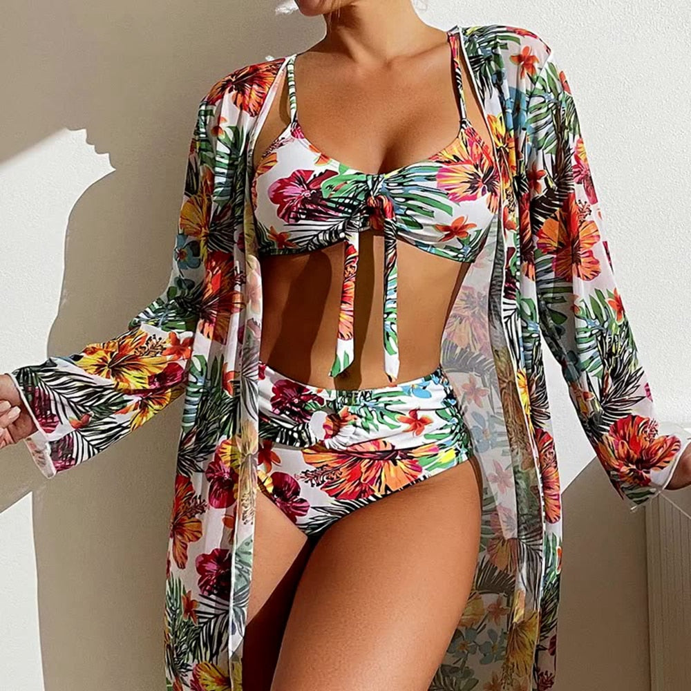 Sexy High Waisted Bikini Three Pieces Floral Print Swimsuit for Ladies - Robe / FREE Shipping