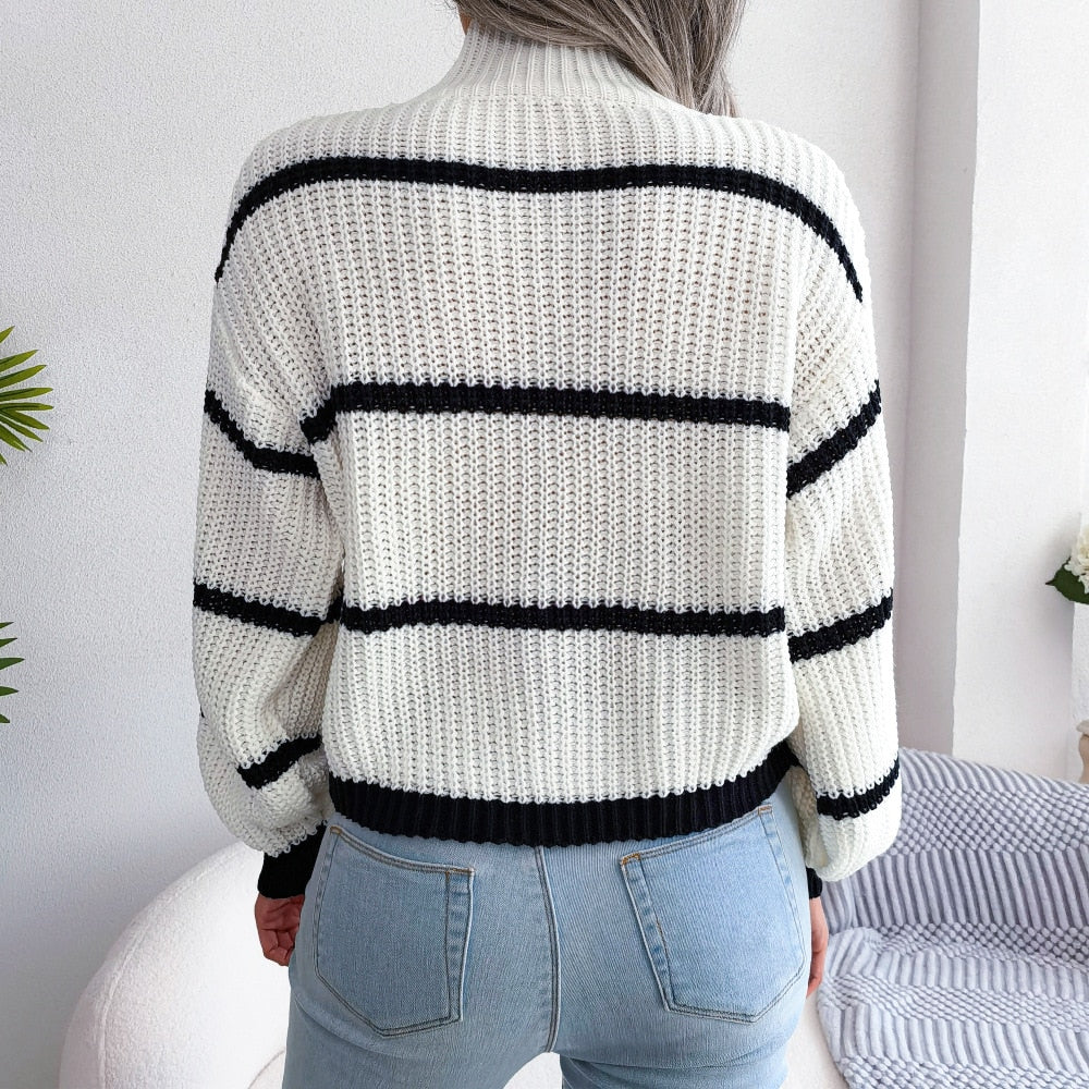 Ladies Striped Turtleneck Knit Sweater / FREE Shipping - tracking available