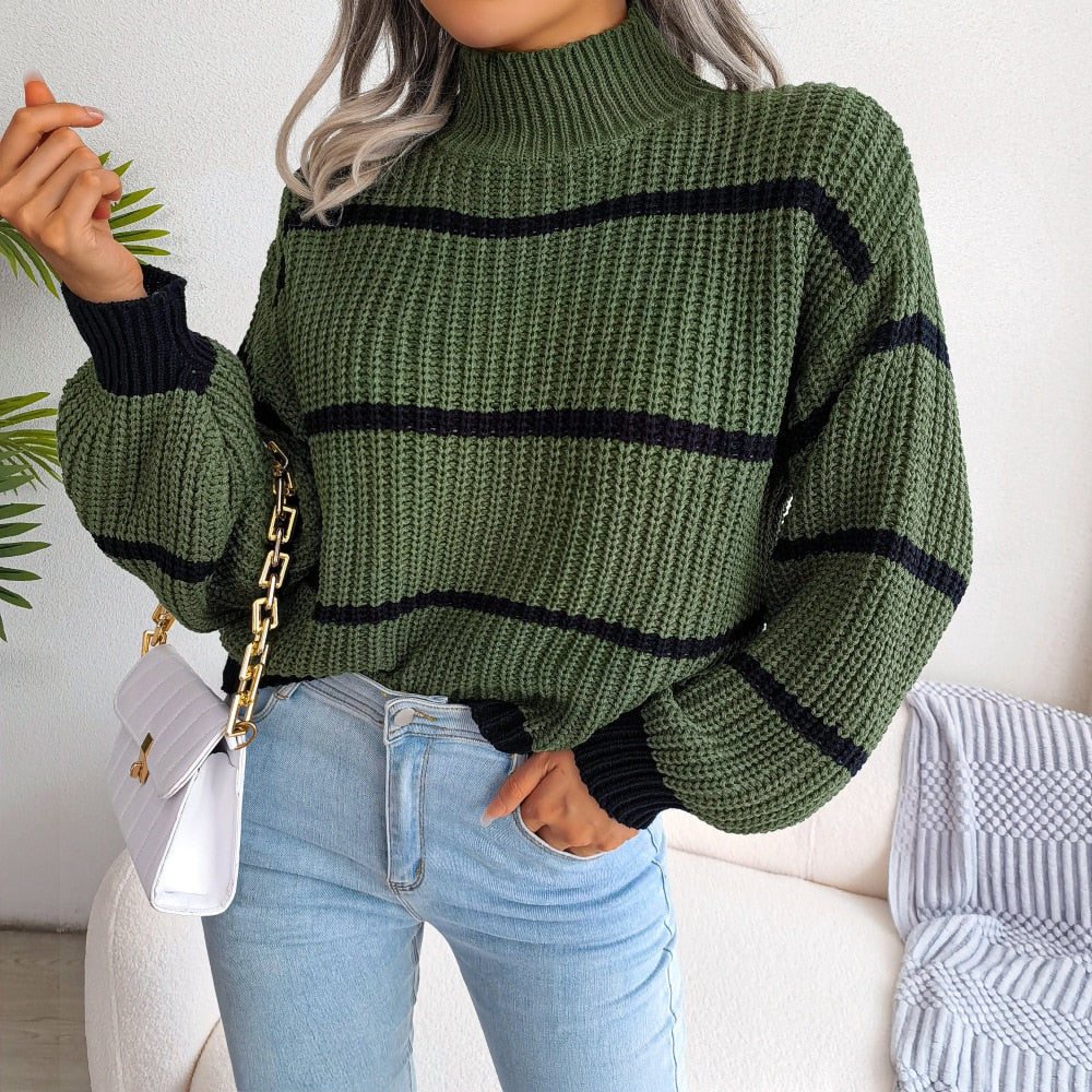 Ladies Striped Turtleneck Knit Sweater / FREE Shipping - tracking available