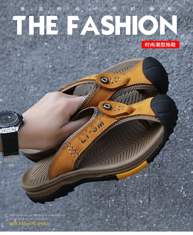 Genuine Cow Leather Men Sandals / Flip Flops massage design anti-slip / FREE-Shipping