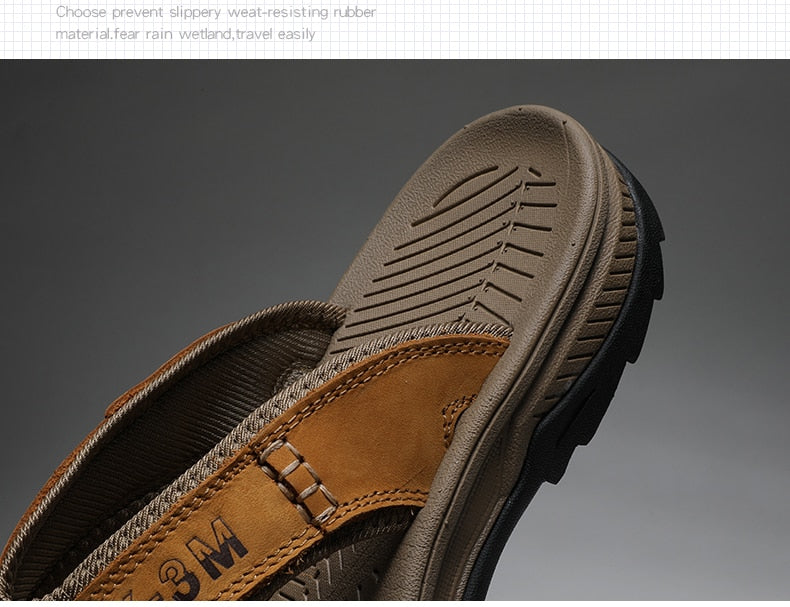 Genuine Cow Leather Men Sandals / Flip Flops massage design anti-slip / FREE-Shipping