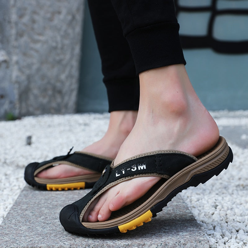 Genuine Cow Leather Men Sandals / Flip Flops massage design anti-slip / FREE-Shipping