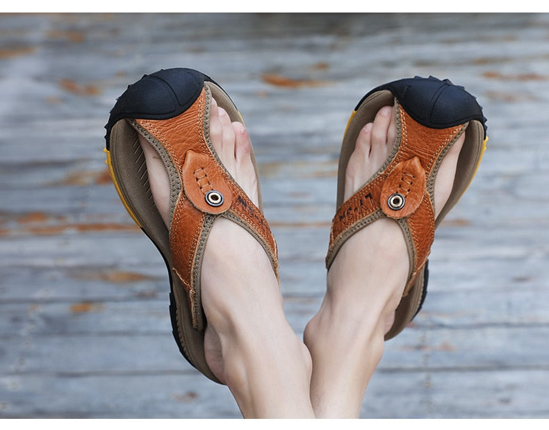 Genuine Cow Leather Men Sandals / Flip Flops massage design anti-slip / FREE-Shipping