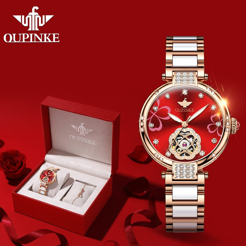Swiss OUPINKE beautiful / elegant Watch for Women  Fashion Ceramic Strap Sapphire mirror Wrist Watch
