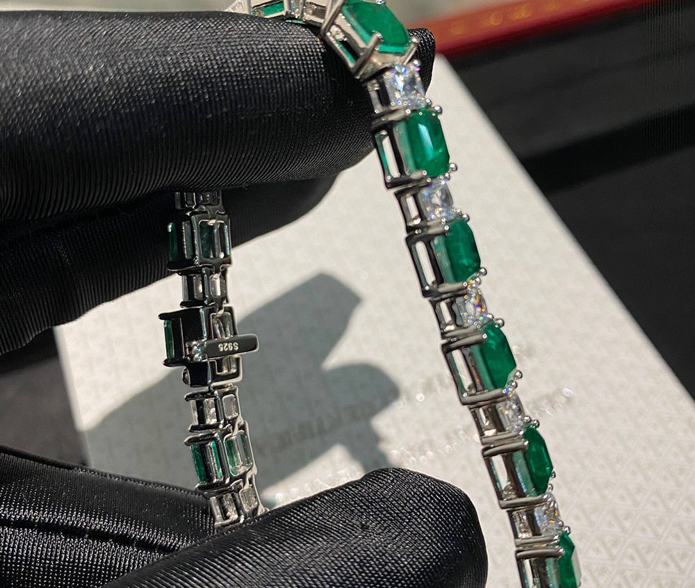 Beautiful 925 Sterling Silver Emerald Diamond tennis Bracelet for Women / Free Shipping