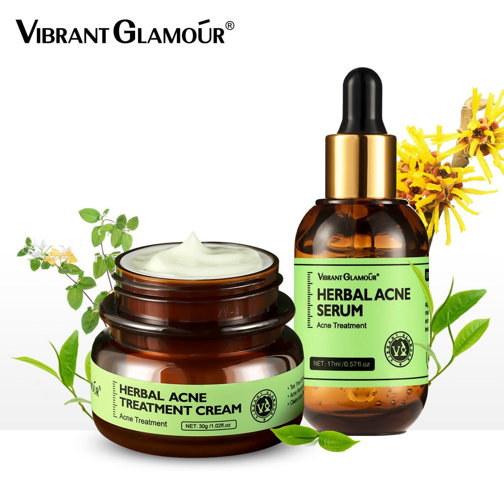 VIBRANT GLAMOUR Herbal Facial Skin Care 2PCS/Set Face Cream Serum Acne Treatment / FREE Shipping