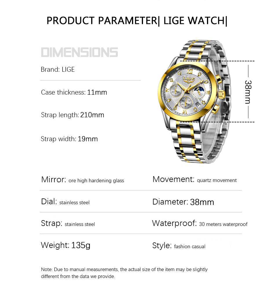 LIGE beautiful elegant  Ladies Watch / Waterproof/  Rose Gold Steel Strap / Top Brand Bracelet