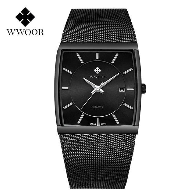 WWOOR Luxury Gold Watch Men Square Japan Quartz Slim Steel Mesh Waterproof / Sports Auto Date