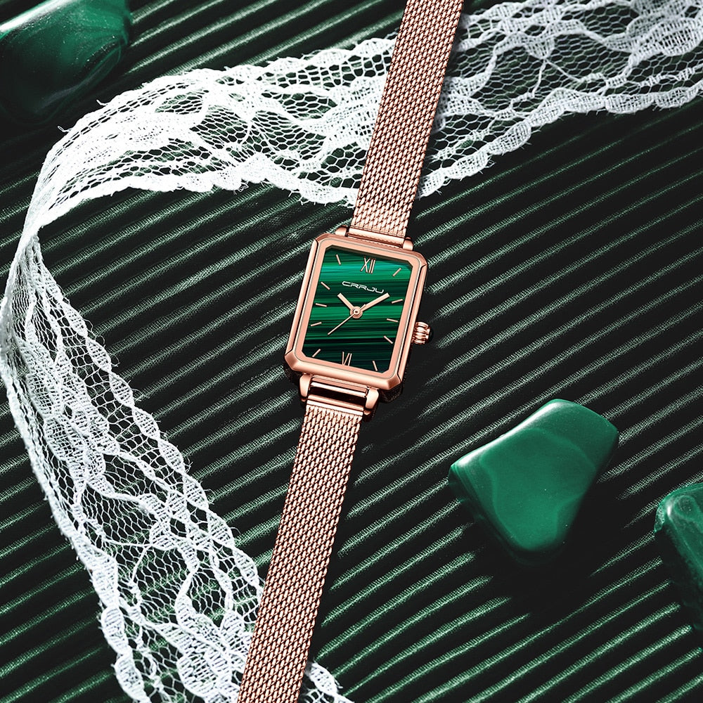Ladies Green Square Watch Analog Quartz Stainless Steel Mesh Leather Band Casual Fashion Ladies Wrist Watches 3ATM Waterproof