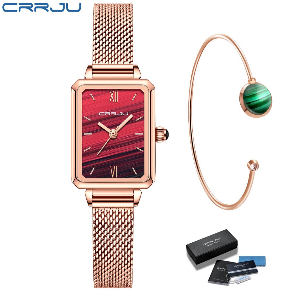 Ladies Green Square Watch Analog Quartz Stainless Steel Mesh Leather Band Casual Fashion Ladies Wrist Watches 3ATM Waterproof