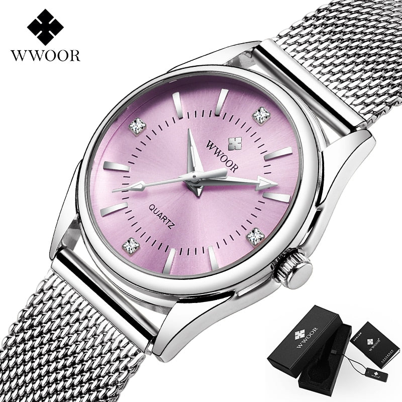 WWOOR Small Luxury Top Brand Ladies wrist watch / Silver Stainless Steel Diamonds, enter Discount Code S0BZVDKASTKZ Buy 1 get 1 FREE / FREE Shipping