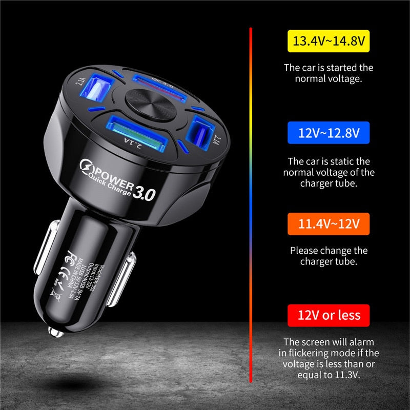 USLION 4Port USB Phone Car Charger Adapter LED Display Fast Charge-Free Shipping