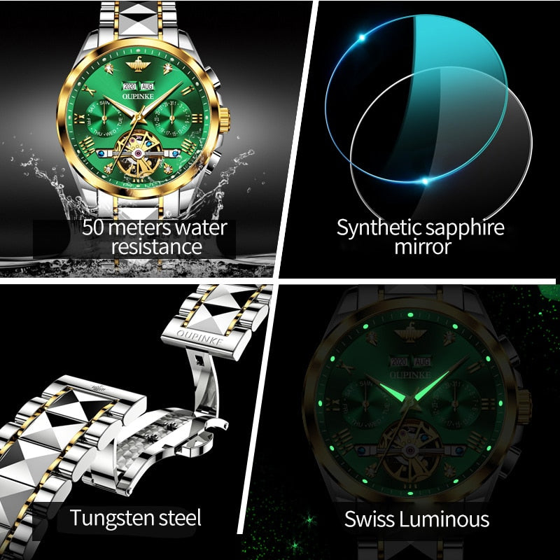 Swiss OUPINKE Top Brand  Luxury  business Men's Wrist  Watch  Stainless Steel Waterproof