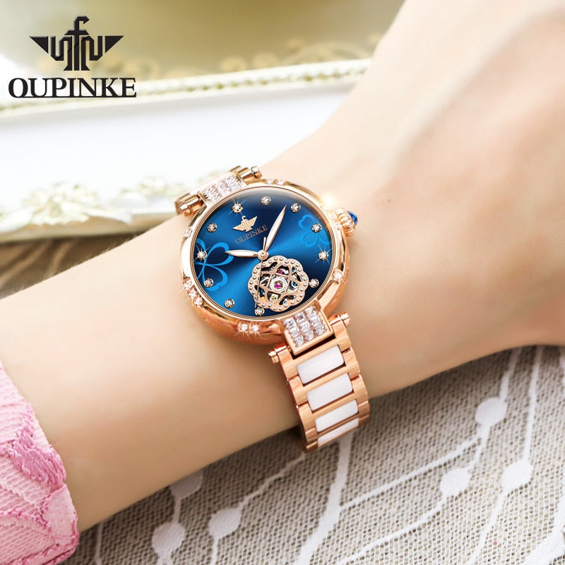 Swiss OUPINKE beautiful / elegant Watch for Women  Fashion Ceramic Strap Sapphire mirror Wrist Watch
