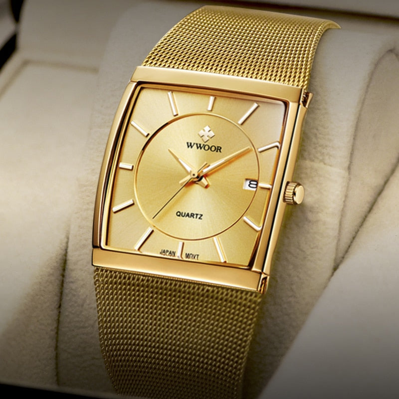 WWOOR Luxury Gold Watch Men Square Japan Quartz Slim Steel Mesh Waterproof / Sports Auto Date