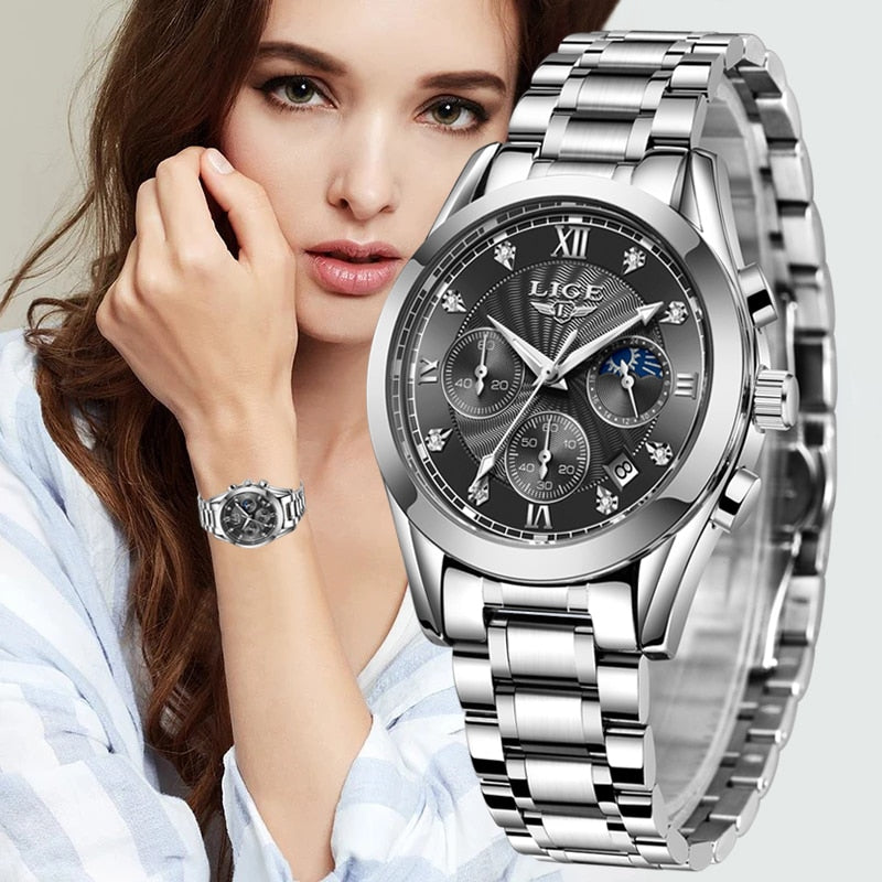 LIGE beautiful elegant  Ladies Watch / Waterproof/  Rose Gold Steel Strap / Top Brand Bracelet