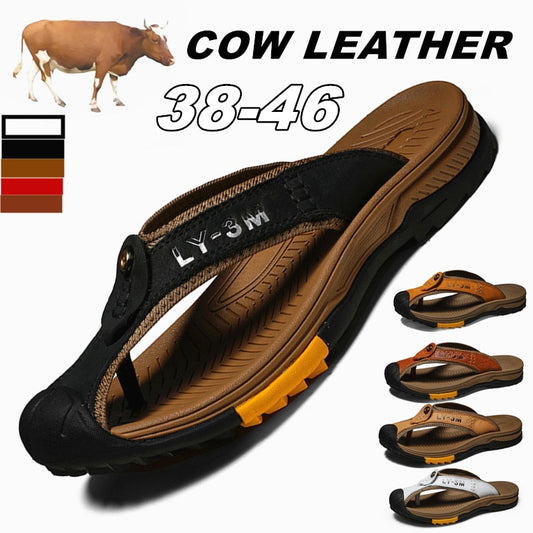 Genuine Cow Leather Men Sandals / Flip Flops massage design anti-slip / FREE-Shipping