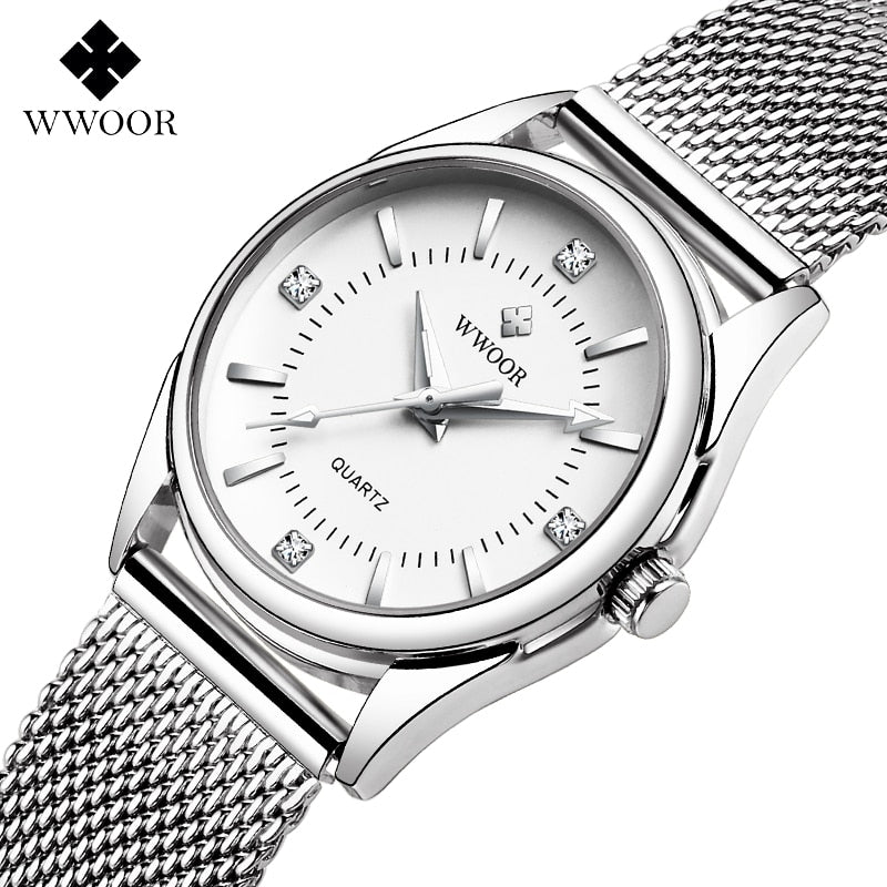 WWOOR Small Luxury Top Brand Ladies wrist watch / Silver Stainless Steel Diamonds, enter Discount Code S0BZVDKASTKZ Buy 1 get 1 FREE / FREE Shipping