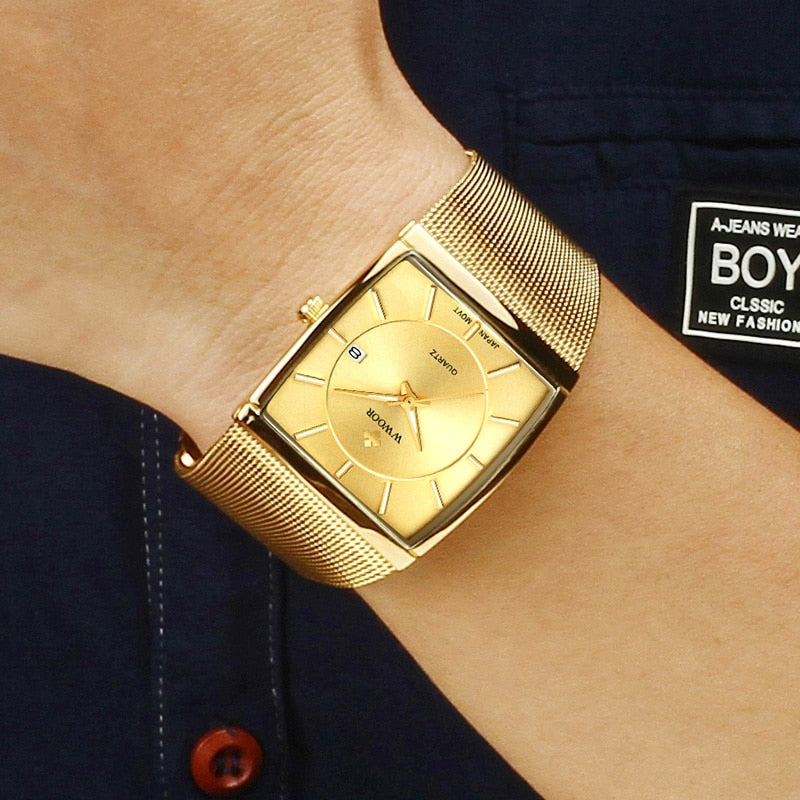 WWOOR Luxury Gold Watch Men Square Japan Quartz Slim Steel Mesh Waterproof / Sports Auto Date