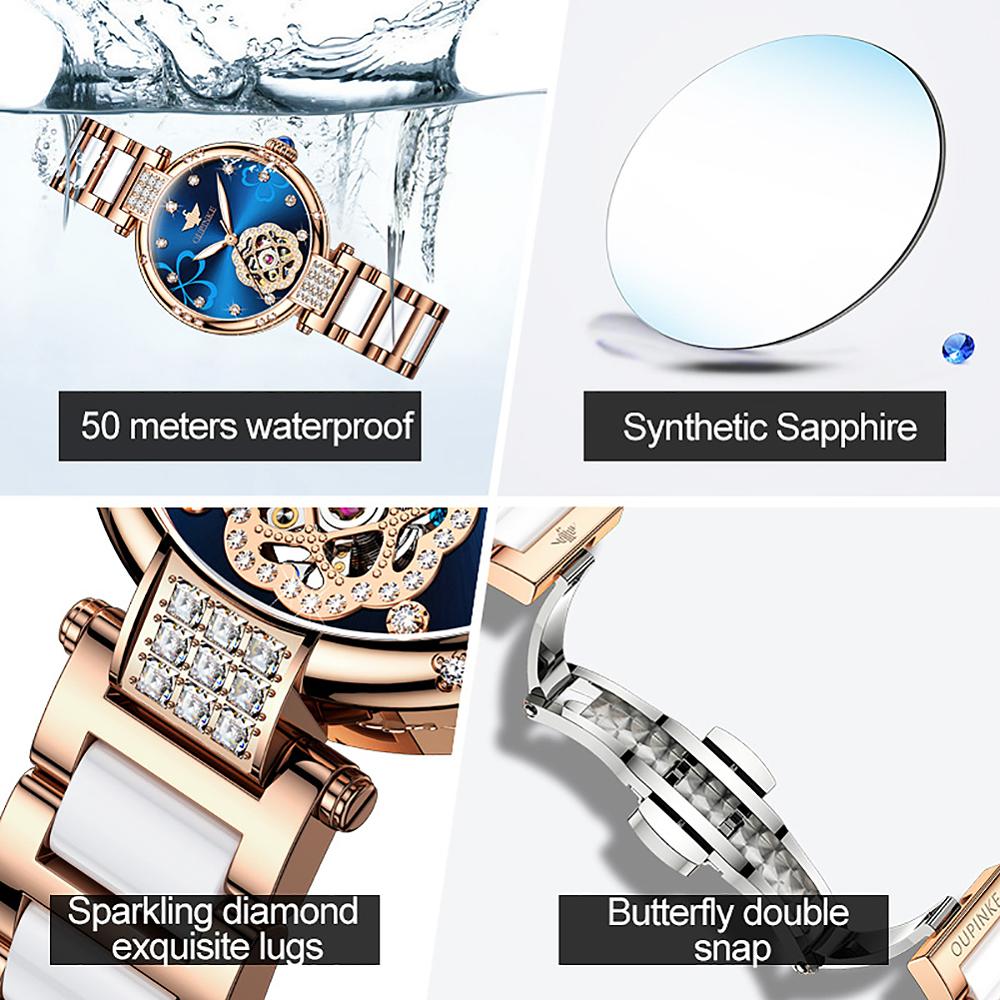 Swiss OUPINKE beautiful / elegant Watch for Women  Fashion Ceramic Strap Sapphire mirror Wrist Watch
