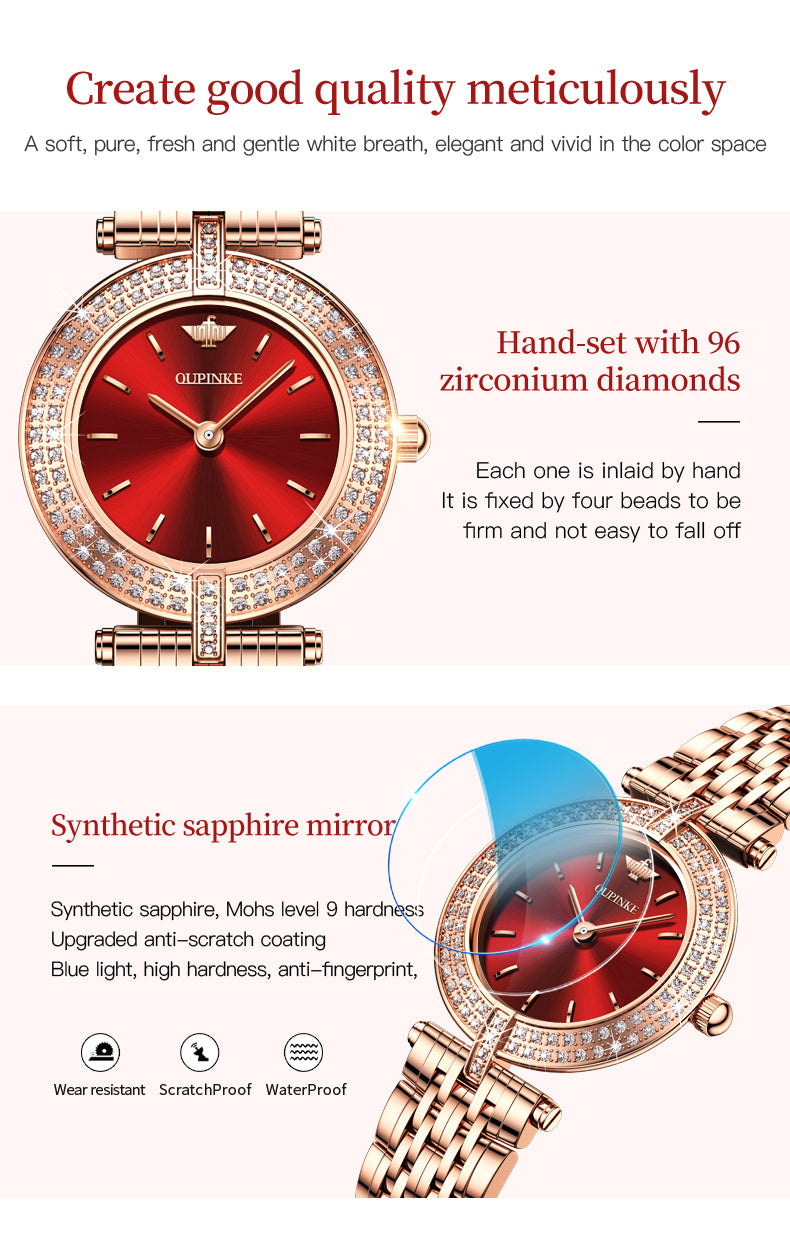 Swiss OUPINKE  beautiful/elegant Top Swiss Sapphire Mirror Alloy  Quartz Ladies Wrist watch